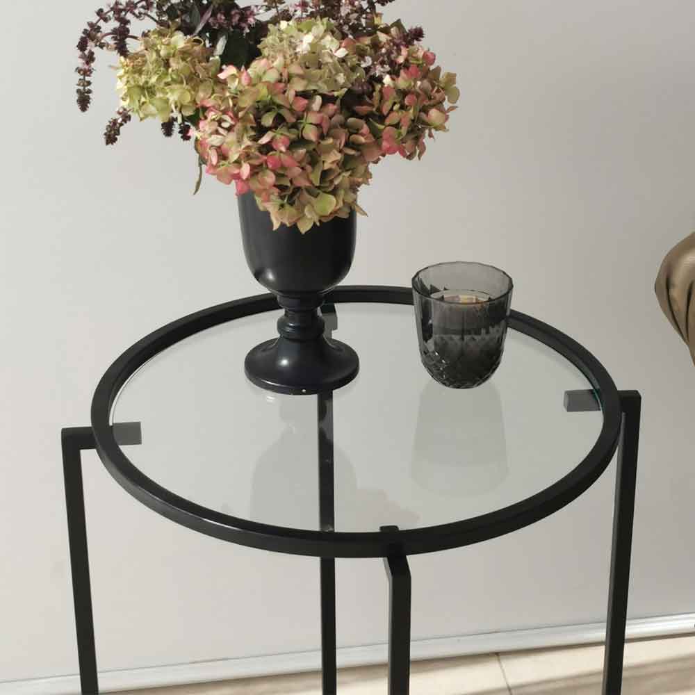 Saziro Metal Nesting Side Table with Clear Glass Top in Black