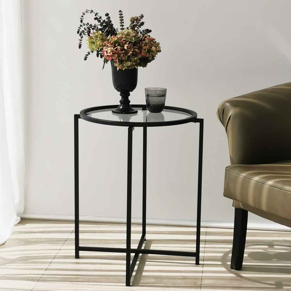 Saziro Metal Nesting Side Table with Clear Glass Top in Black