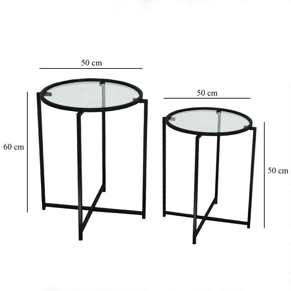 Saziro Metal Nesting Side Table with Clear Glass Top in Black