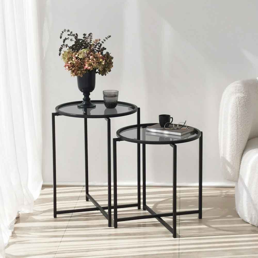 Saziro Metal Nesting Side Table with Glass Top in Black
