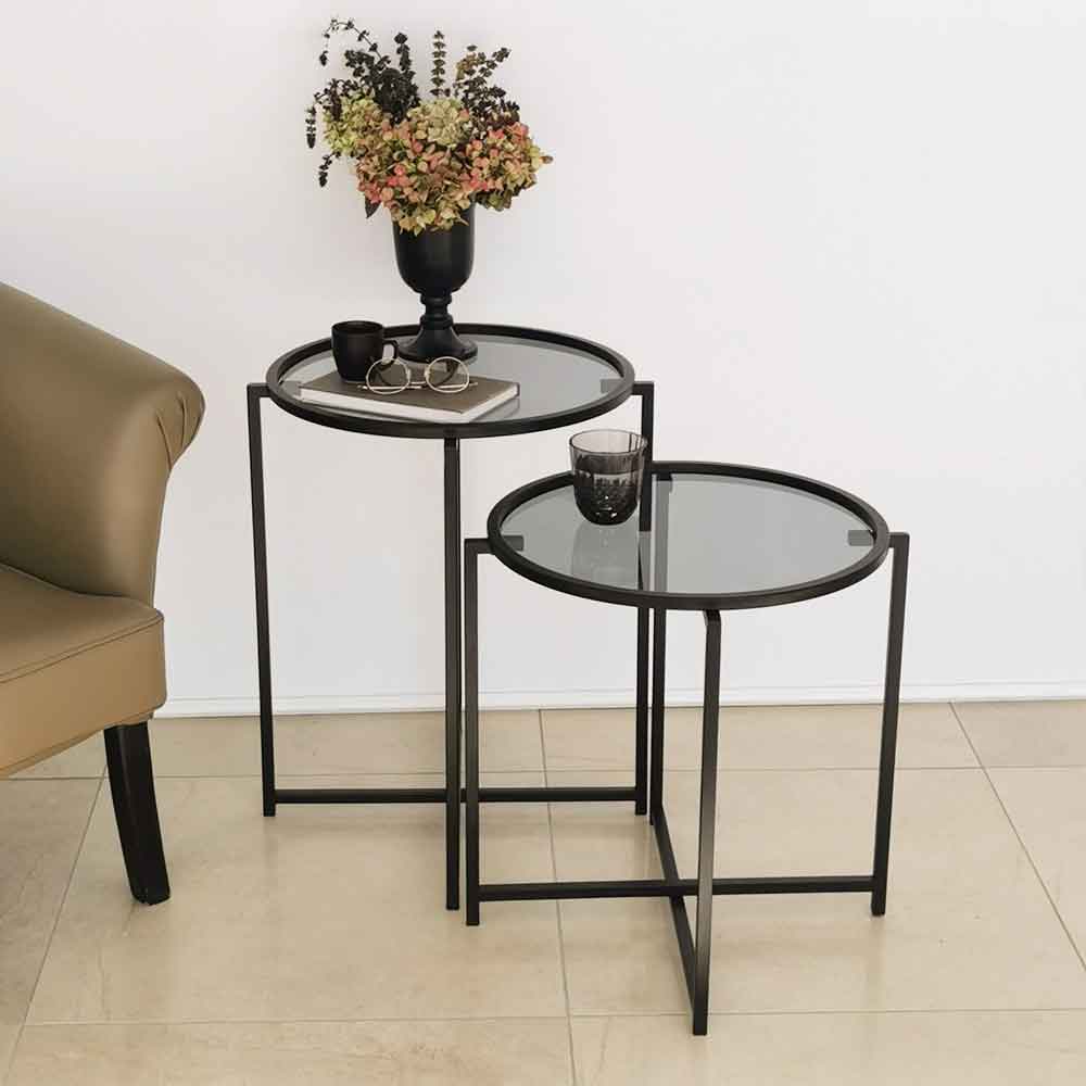 Saziro Metal Nesting Side Table with Glass Top in Black