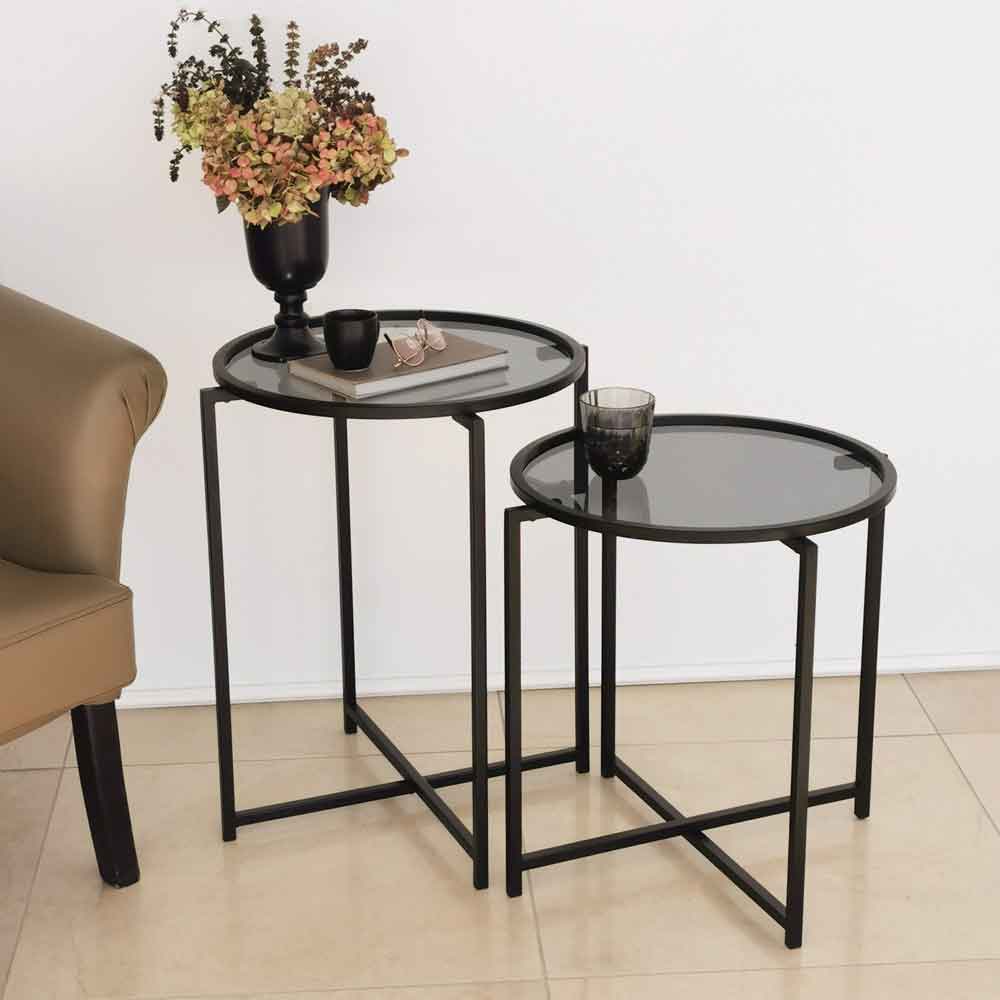 Saziro Metal Nesting Side Table with Glass Top in Black