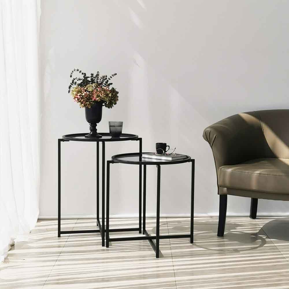 Saziro Metal Nesting Side Table with Glass Top in Black