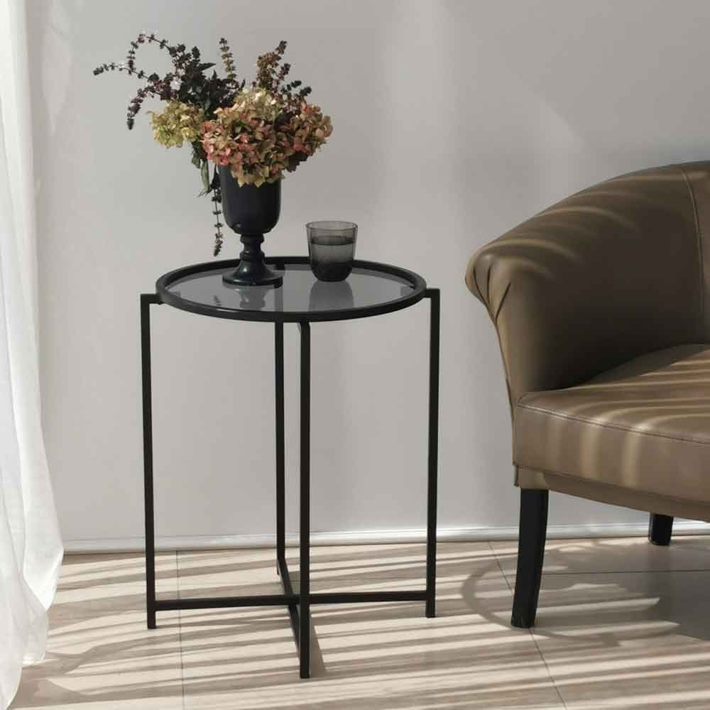 Saziro Metal Nesting Side Table with Glass Top in Black