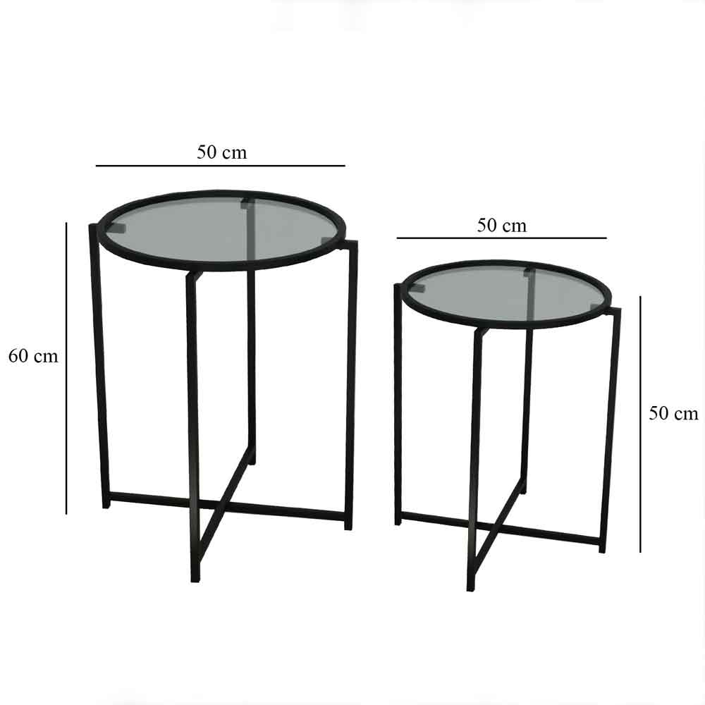 Saziro Metal Nesting Side Table with Glass Top in Black