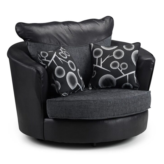 Sharon Fabric Swivel Armchair In Black And Grey