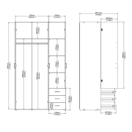 Scalia Wooden Wardrobe With 3 Doors 3 Drawers In Oak