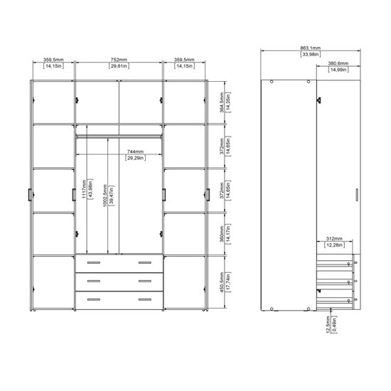Scalia Wooden Wardrobe With 4 Doors 3 Drawers In White
