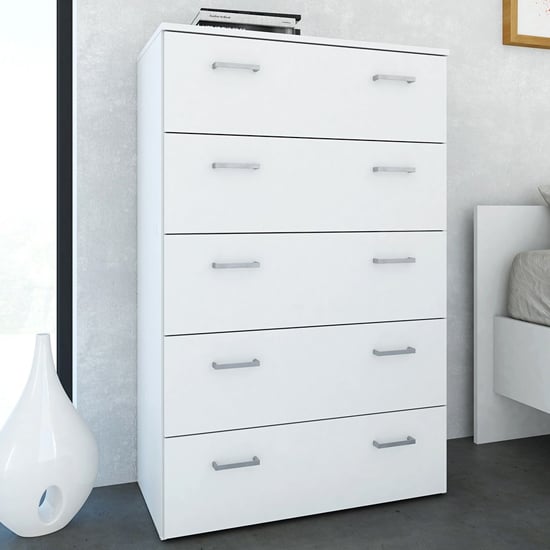 Photo of Scalia wooden chest of drawers in white with 5 drawers
