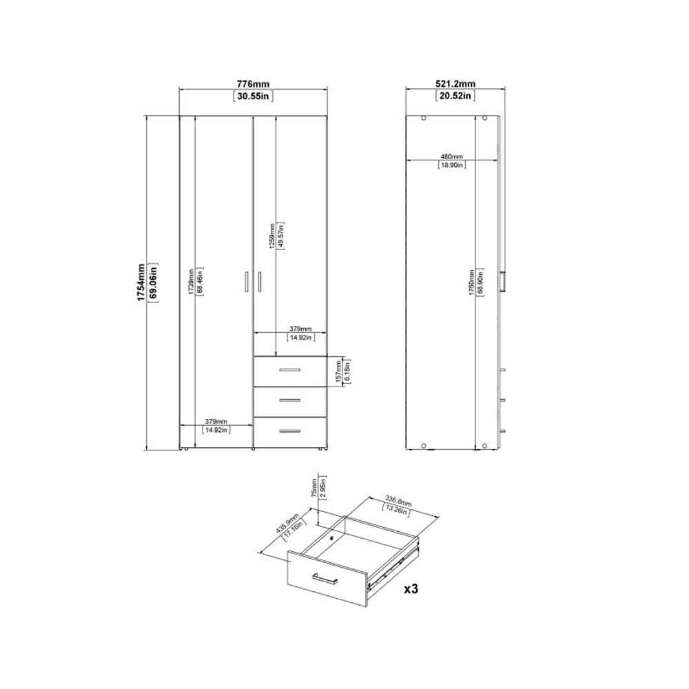Scalia Wooden Small Wardrobe With 2 Doors 3 Drawers In White