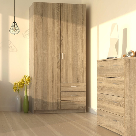 Scalia Wooden Wardrobe With 2 Doors 3 Drawers In Oak