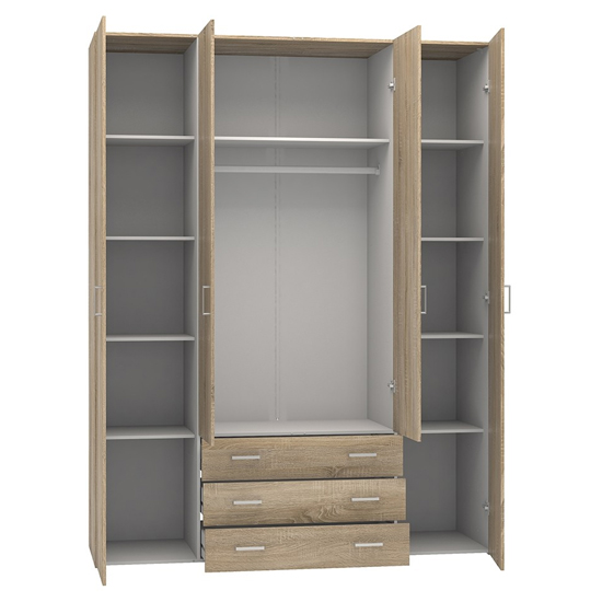 Scalia Wooden Wardrobe With 4 Doors 3 Drawers In Oak