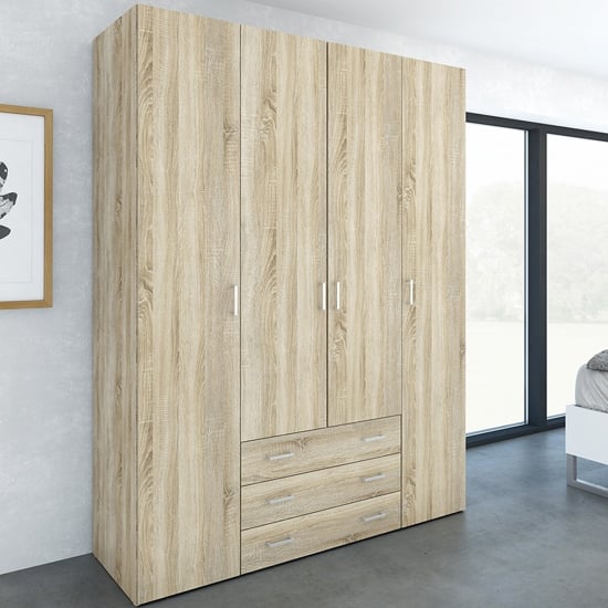 Product photograph of Scalia Wooden Wardrobe In Oak With 4 Doors 3 Drawers from Furniture in Fashion