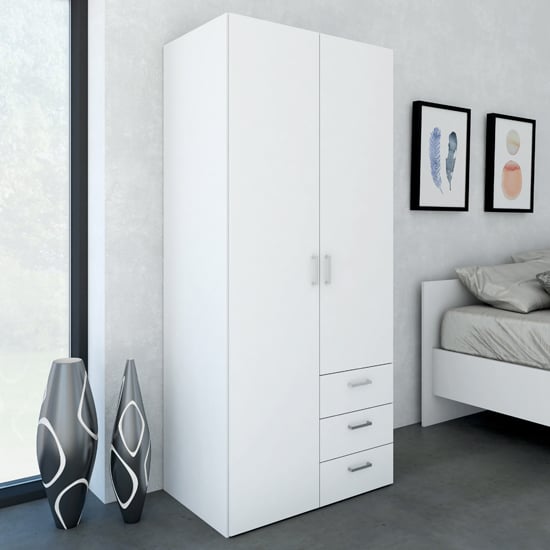 Scalia Wooden Wardrobe In White With 2 Doors And 3 drawers