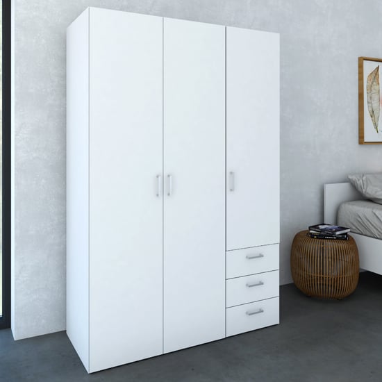 Photo of Scalia wooden wardrobe in white with 3 doors and 3 drawers