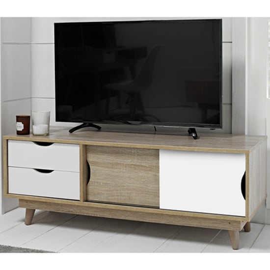 Photo of Scandia wooden tv stand in oak and white