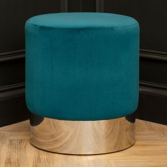 Sceptrum Round Velvet Stool With Silver Steel Base In Teal