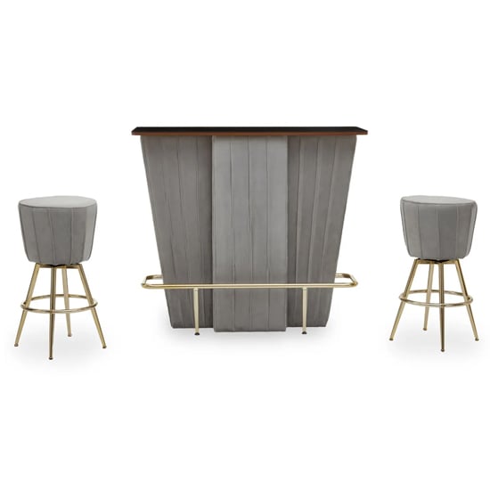 Schaumburg Wooden Bar Table With 2 Grey Velvet Stools