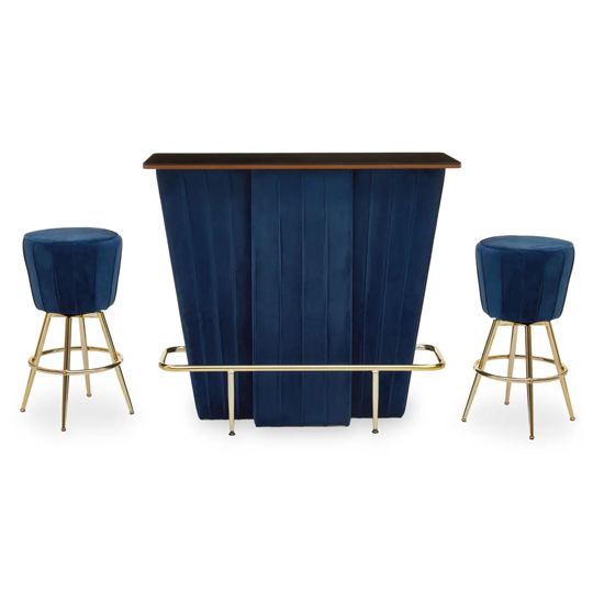 Read more about Schaumburg wooden bar table with 2 midnight blue velvet stools