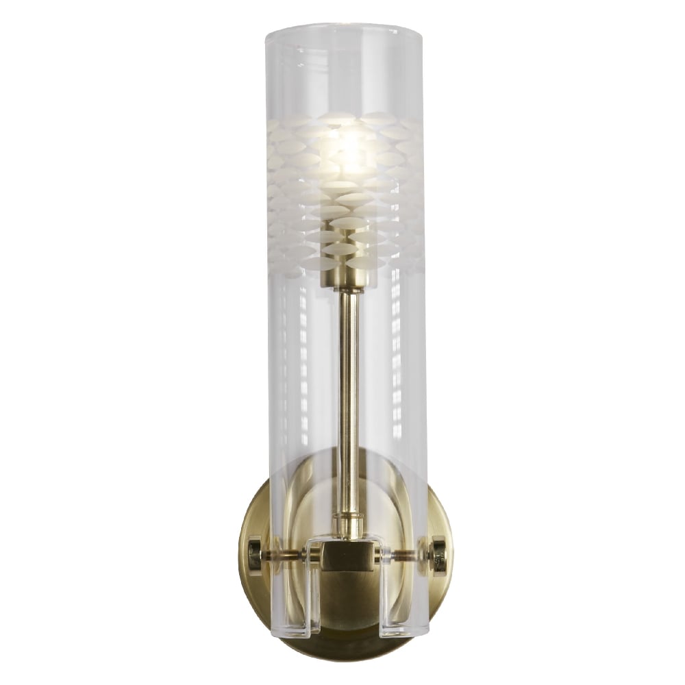 Read more about Scope clear glass shade bathroom wall light in satin brass