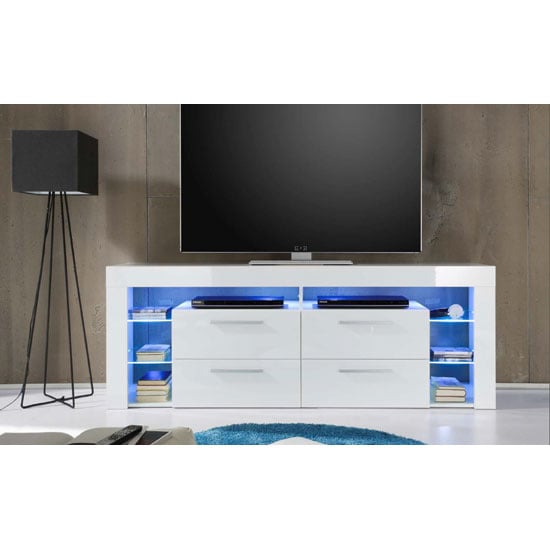 Sorrento Tall Lcd TV Stand In White Gloss With Blue LED