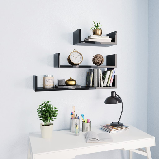 Product photograph of Scotia Set Of 3 High Gloss Wall Display Shelf In Black from Furniture in Fashion