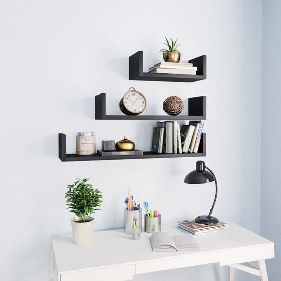 Read more about Scotia set of 3 wooden wall display shelf in black