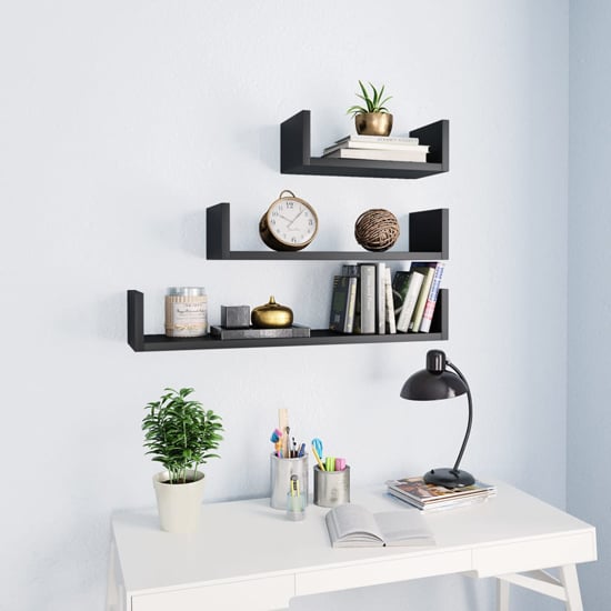 Scotia Set Of 3 Wooden Wall Display Shelf In Black