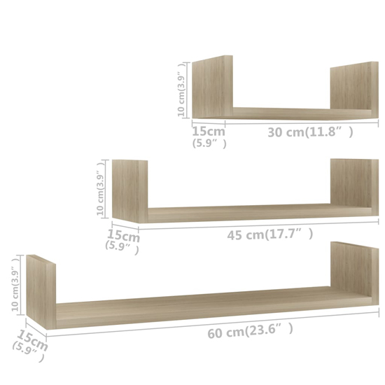 Scotia Set Of 3 Wooden Wall Display Shelf In Sonoma Oak