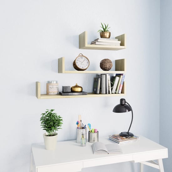 Product photograph of Scotia Set Of 3 Wooden Wall Display Shelf In Sonoma Oak from Furniture in Fashion