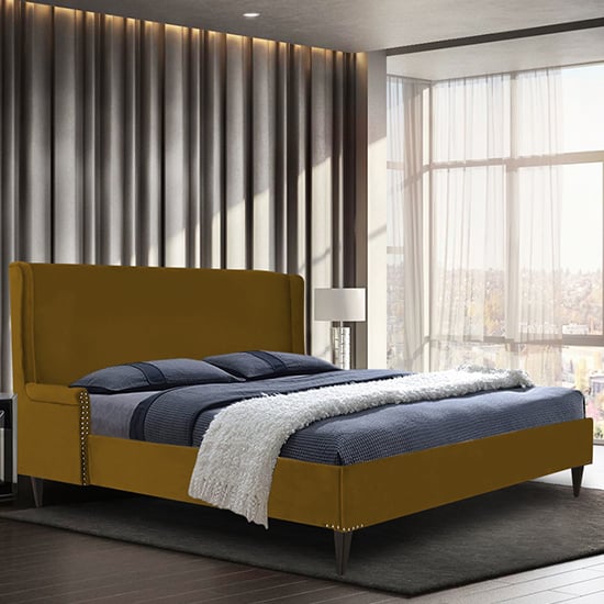 Product photograph of Scottsbluff Plush Velvet King Size Bed In Mustard from Furniture in Fashion