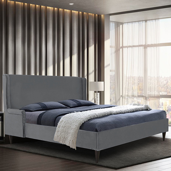 Scottsbluff Plush Velvet Super King Size Bed In Grey Furniture in Fashion