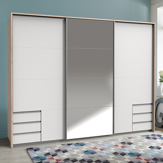Read more about Seattle sliding mirrored wide wardrobe in white and hickory oak