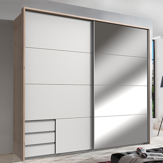 Read more about Seattle sliding door mirrored wardrobe in white and hickory oak