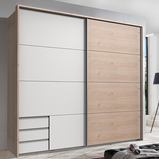 Read more about Seattle sliding door wooden wardrobe in white and hickory oak