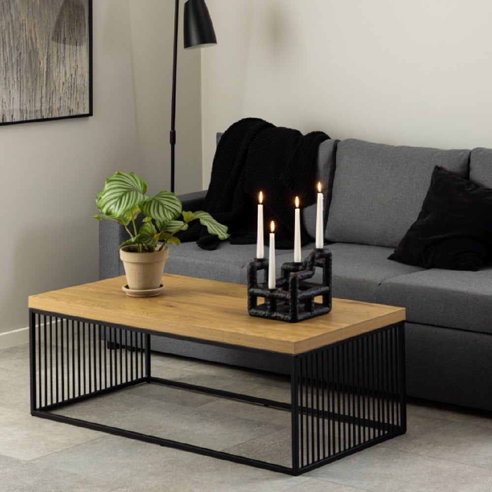 Read more about Seattle wooden coffee table with black metal frame in oak