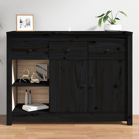 Product photograph of Secia Pinewood Sideboard With 2 Doors 3 Drawers In Black from Furniture in Fashion