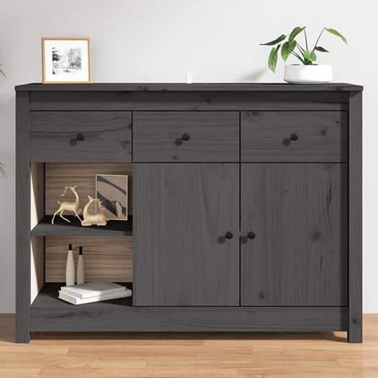 Secia Pinewood Sideboard With 2 Doors 3 Drawers In Grey