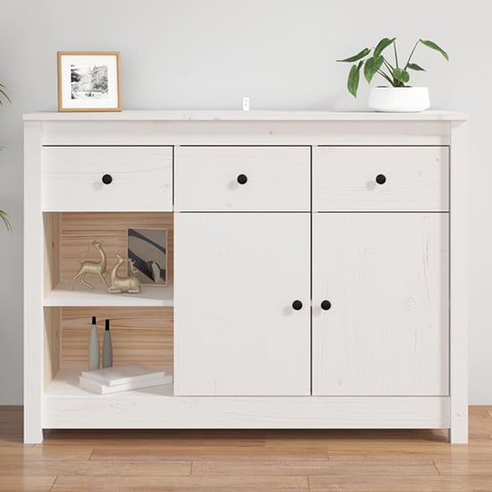 Product photograph of Secia Pinewood Sideboard With 2 Doors 3 Drawers In White from Furniture in Fashion