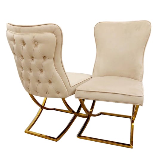 Product photograph of Sedro Cappuccino Velvet Dining Chairs With Gold Legs In Pair from Furniture in Fashion