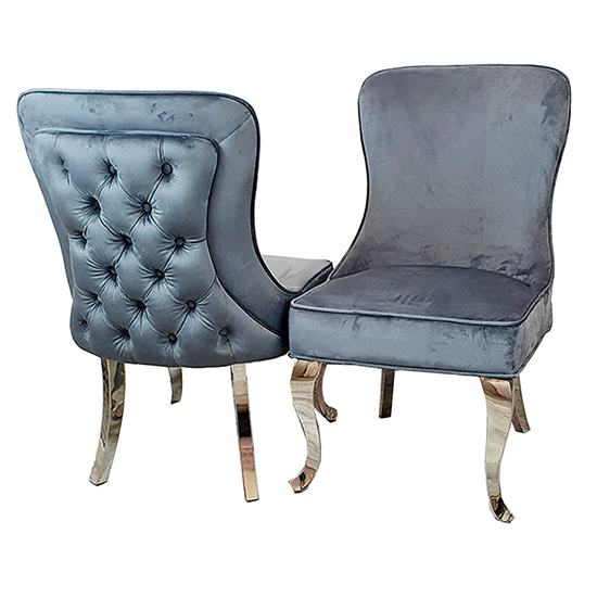 Photo of Sedro dark grey velvet dining chairs with straight legs in pair