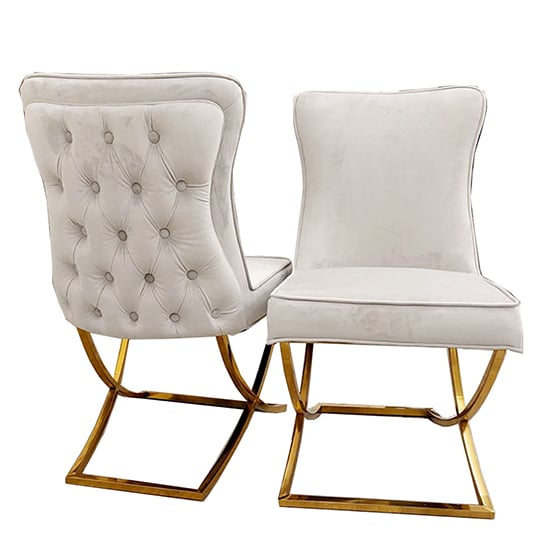 Product photograph of Sedro Light Grey Velvet Dining Chairs With Gold Legs In Pair from Furniture in Fashion
