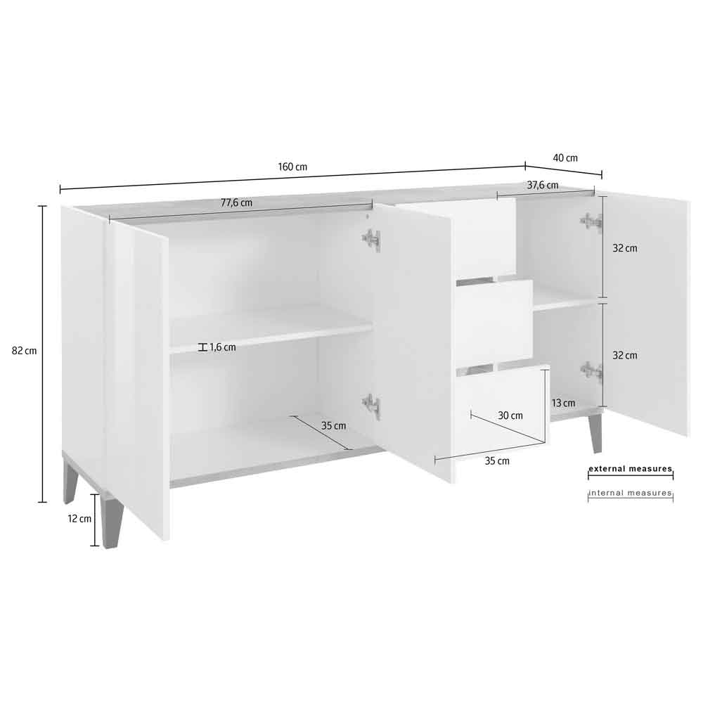 Seffner High Gloss Sideboard With 3 Doors 3 Drawers In White And Slate