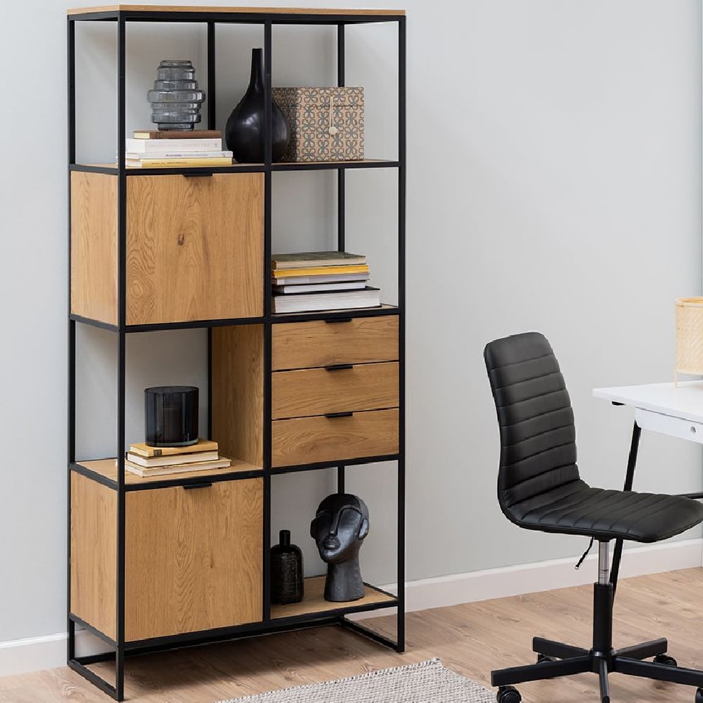 Read more about Seguin wooden bookcase tall with 2 doors 3 drawers in oak black