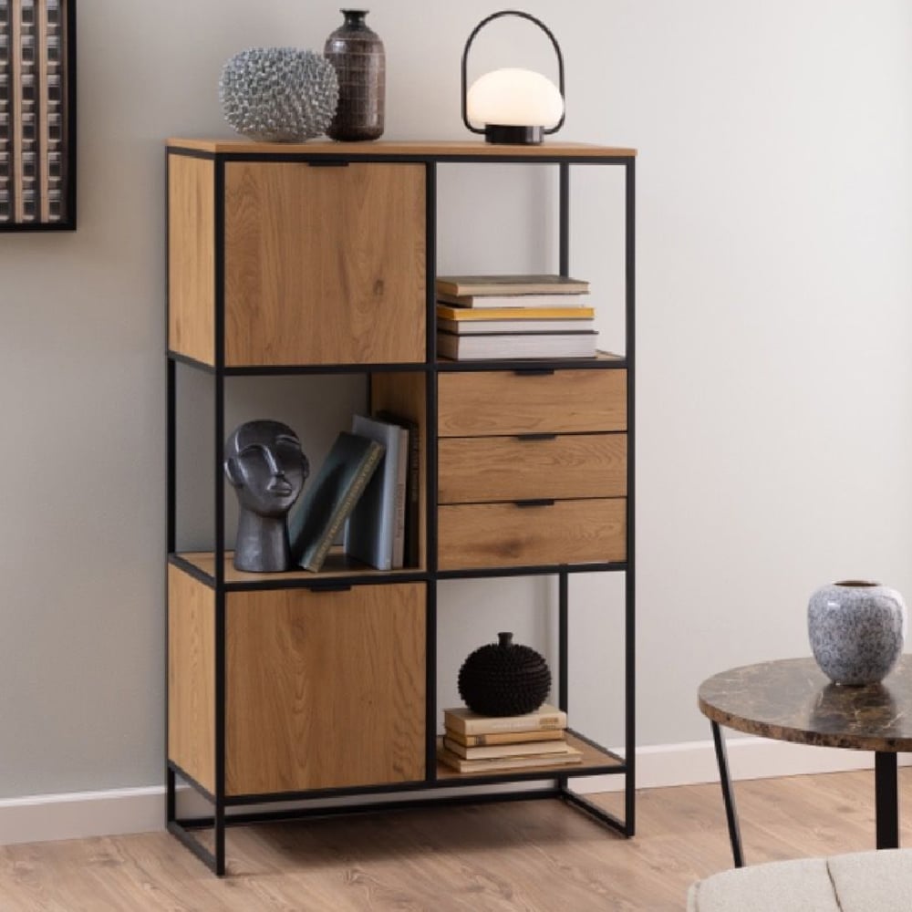 Read more about Seguin wooden bookcase wide with 2 doors 3 drawers in oak black