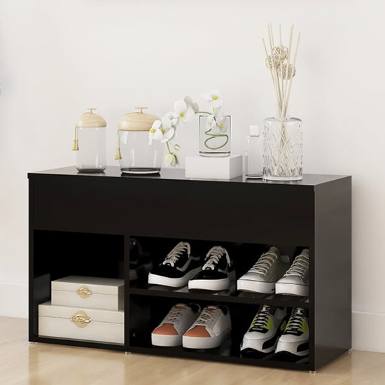 Product photograph of Seim Wooden Shoe Storage Bench With 2 Shelves In Black from Furniture in Fashion