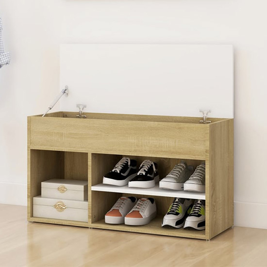 Seim Wooden Shoe Storage Bench With 2 Shelves In White Oak_2