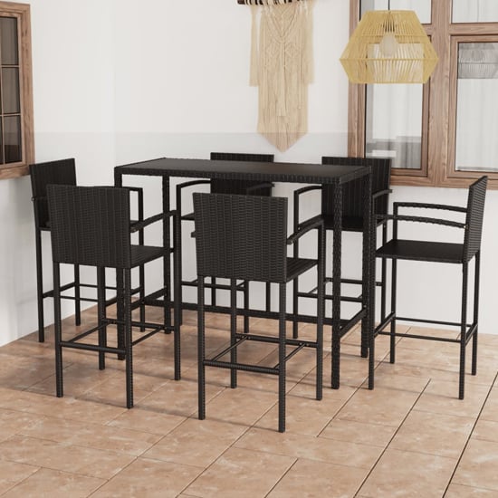 Selah Large Glass Top Bar Table With 6 Bar Chairs In Black