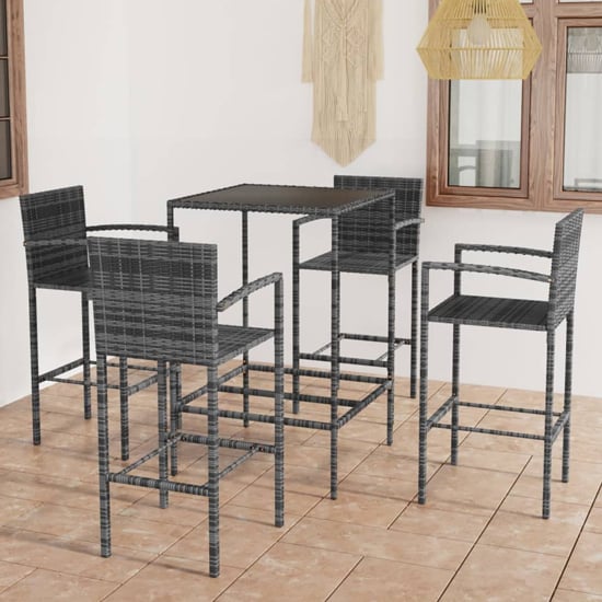 Photo of Selah small glass top bar table with 4 bar chairs in grey