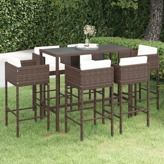 Product photograph of Selah Large Glass Top Bar Table With 6 Avyanna Chairs In Brown from Furniture in Fashion